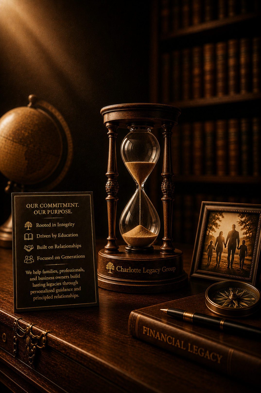 : A warmly lit desk scene with an hourglass engraved "Charlotte Legacy Group," a framed family silhouette, a globe, a compass, and a placard listing the firm's values.